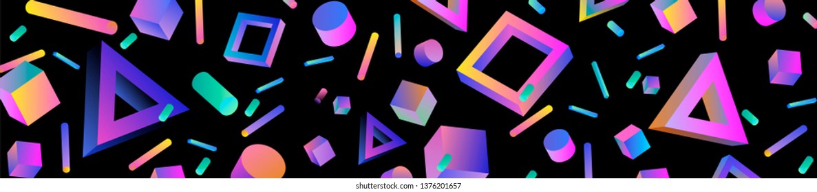 Neo memphis/ bauhaus/ retrowave abstract background. Neon holographic chromatic 3d shapes - polygon, cube, prism, cylinder, cuboid, ect. Retrofuturistic print for t-shirt, notebook, poster, cover.