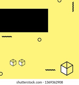 Neo Memphis geometric background Vector illustration Abstract backdrop with cubes, circles, waves on a yellow background Design template with copy space