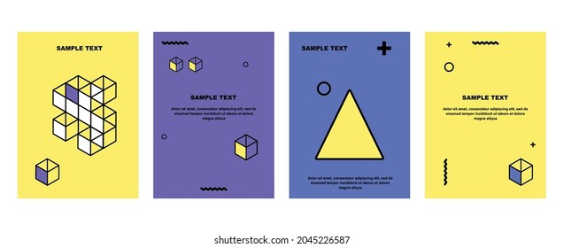 Juego de postales geométricas Neo Memphis. Ilustración vectorial. Triángulos, círculos, ondas y otros elementos geométricos sobre telarañas coloridas. Plantillas para carteles y pancartas