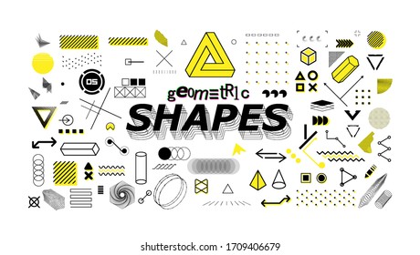 Neo memphis geometric shapes collection. Universal graphics design elements in Retro Futurism style for web, posters, trendy project, banners, magazines, cards, clothes and merch. Vector shapes set