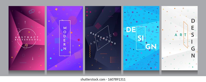 Neo Memphis pattern cover set. Vector abstract illustration. Vibrant color background. Cool bright wallpapers with polygonal design. Geometric 3d shapes. Triangle gradient posters. Paper cut concept. 