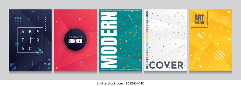 Neo Memphis pattern cover set. Vector abstract illustration. Vibrant color background. Cool bright wallpapers with polygonal design. Geometric 3d shapes. Triangle gradient posters. Paper cut concept. 