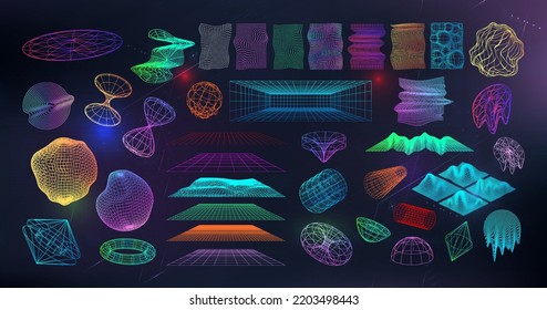 Neo memphis and retrofuturistic 3D abstract shapes from 80s-90s. Concept vaporwave, Neo futuristic, Cyberpunk, retro wave. 3D Universal geometric shapes, spheres, objects. Effect glitch, neon.
Vector