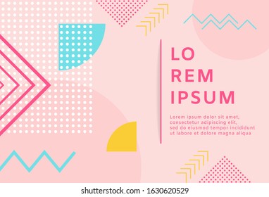 Neo memphis style background. Bright cover with abstract shapes compositions. Vector illustration in pastel colors. Template with geometric shapes, patterns in trendy fashion 80-90s