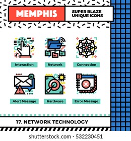 Neo memphis style icons with pop colors. Network technology vector icons set. Funky and trendy colorful graphics. Flat design web symbol pack. Bold line icons collection. Isolated on white. 