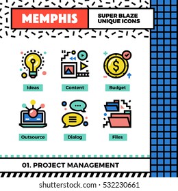 Neo memphis style icons with pop colors. Project Management vector icons set. Funky and trendy colorful graphics. Geometric flat design symbol pack. Bold line icons collection. Isolated on white. 