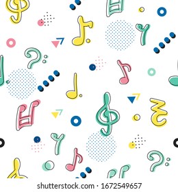 Neo Memphis Style Music Background. Seamless Colorful Pattern. Notes, Abstract Shapes. Vector