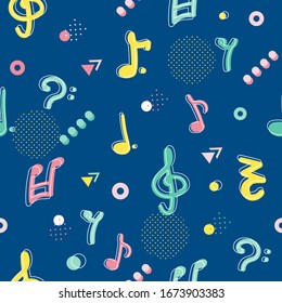 Neo memphis style music background. Seamless colorful pattern. Notes, abstract shapes. Vector