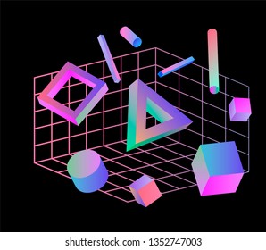 Neo memphis/ vaporwave 3d illustration. Perspective neon laser grid and 3d shapes on dark background.