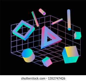 Neo memphis/ vaporwave 3d illustration. Perspective neon laser grid and 3d shapes on dark background.