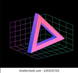 Neo memphis/ vaporwave 3d illustration. Perspective neon laser grid and 3d shapes on dark background.