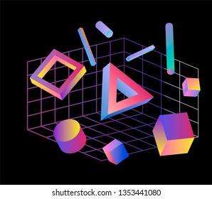 Neo memphis/ vaporwave 3d illustration. Perspective neon laser grid and 3d shapes on dark background.