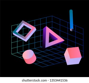 Neo memphis/ vaporwave 3d illustration. Perspective neon laser grid and 3d shapes on dark background, polygon, cube, prism, cylinder, cuboid, ect. Futuristic print for t-shirt, notebook, poster.