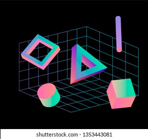 Neo memphis/ vaporwave 3d illustration. Perspective neon laser grid and 3d shapes on dark background.