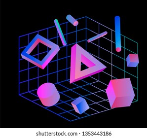 Neo memphis/ vaporwave 3d illustration. Perspective neon laser grid and 3d shapes on dark background.