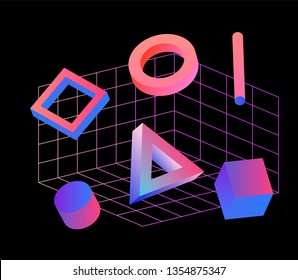 Neo memphis/ vaporwave 3d illustration. Perspective neon laser grid and 3d shapes on dark background, polygon, cube, prism, cylinder, cuboid, ect. Futuristic print for t-shirt, notebook, poster.