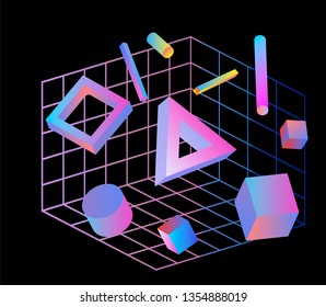 Neo memphis/ vaporwave 3d illustration. Perspective neon laser grid and 3d shapes on dark background, polygon, cube, prism, cylinder, cuboid, ect. Futuristic print for t-shirt, notebook, poster.