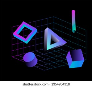 Neo memphis/ vaporwave 3d illustration. Perspective neon laser grid and 3d shapes on dark background, polygon, cube, prism, cylinder, cuboid, ect. Futuristic print for t-shirt, notebook, poster.