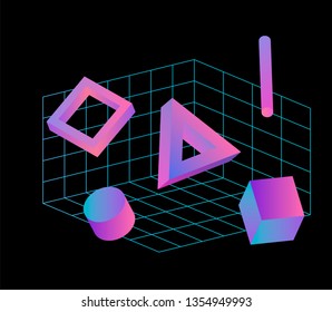 Neo memphis/ vaporwave 3d illustration. Perspective neon laser grid and 3d shapes on dark background.