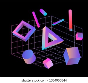 Neo memphis/ vaporwave 3d illustration. Perspective neon laser grid and 3d shapes on dark background.