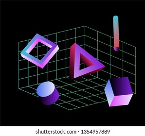 Neo memphis/ vaporwave 3d illustration. Perspective neon laser grid and 3d shapes on dark background.