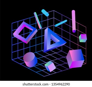 Neo memphis/ vaporwave 3d illustration. Perspective neon laser grid and 3d shapes on dark background.