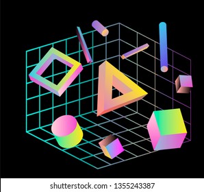 Neo memphis/ vaporwave 3d illustration. Perspective neon laser grid and 3d shapes on dark background, polygon, cube, prism, cylinder, cuboid, ect. Futuristic print for t-shirt, notebook, poster.