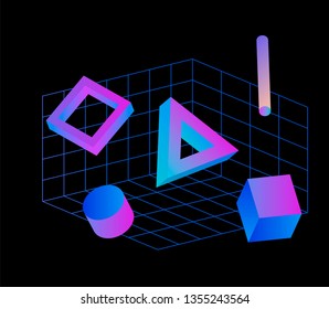 Neo memphis/ vaporwave 3d illustration. Perspective neon laser grid and 3d shapes on dark background, polygon, cube, prism, cylinder, cuboid, ect. Futuristic print for t-shirt, notebook, poster.