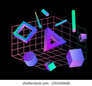 Neo memphis/ vaporwave 3d illustration. Perspective neon laser grid and 3d shapes on dark background, polygon, cube, prism, cylinder, cuboid, ect. Futuristic print for t-shirt, notebook, poster.