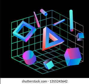 Neo memphis/ vaporwave 3d ilustración. Cuadrícula láser de neón perspectiva y formas 3d sobre fondo oscuro, polígono, cubo, prisma, cilindro, cuboide, etc. Impresión futurista para pantalones, portátil, afiche.