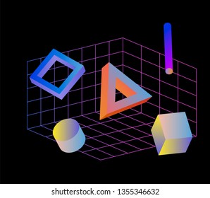 Neo memphis/ vaporwave 3d illustration. Perspective neon laser grid and 3d shapes on dark background, polygon, cube, prism, cylinder, cuboid, ect. Futuristic print for t-shirt, notebook, poster.