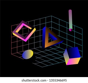 Neo memphis/ vaporwave 3d illustration. Perspective neon laser grid and 3d shapes on dark background, polygon, cube, prism, cylinder, cuboid, ect. Futuristic print for t-shirt, notebook, poster.