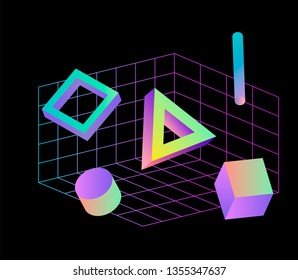 Neo memphis/ vaporwave 3d illustration. Perspective neon laser grid and 3d shapes on dark background, polygon, cube, prism, cylinder, cuboid, ect. Futuristic print for t-shirt, notebook, poster.