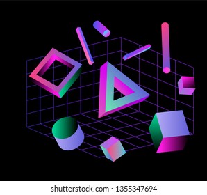 Neo memphis/ vaporwave 3d illustration. Perspective neon laser grid and 3d shapes on dark background, polygon, cube, prism, cylinder, cuboid, ect. Futuristic print for t-shirt, notebook, poster.