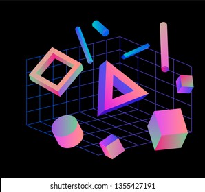 Neo memphis/ vaporwave 3d illustration. Perspective neon laser grid and 3d shapes on dark background, polygon, cube, prism, cylinder, cuboid, ect. Futuristic print for t-shirt, notebook, poster.