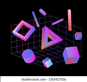 Neo memphis/ vaporwave 3d illustration. Perspective neon laser grid and 3d shapes on dark background, polygon, cube, prism, cylinder, cuboid, ect. Futuristic print for t-shirt, notebook, poster.