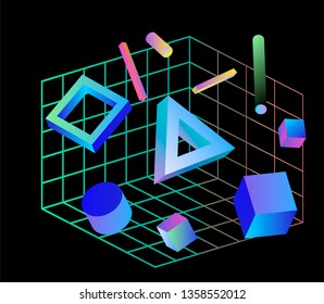 Neo memphis/ vaporwave 3d illustration. Perspective neon laser grid and 3d shapes on dark background, polygon, cube, prism, cylinder, cuboid, ect. Futuristic print for t-shirt, notebook, poster.