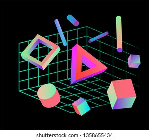 Neo memphis/ vaporwave 3d illustration. Perspective neon laser grid and 3d shapes on dark background, polygon, cube, prism, cylinder, cuboid, ect. Futuristic print for t-shirt, notebook, poster.