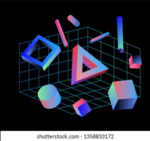 Neo memphis/ vaporwave 3d illustration. Perspective neon laser grid and 3d shapes on dark background, polygon, cube, prism, cylinder, cuboid, ect. Futuristic print for t-shirt, notebook, poster.