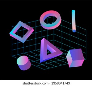 Neo memphis/ vaporwave 3d illustration. Perspective neon laser grid and 3d shapes on dark background, polygon, cube, prism, cylinder, cuboid, ect. Futuristic print for t-shirt, notebook, poster.