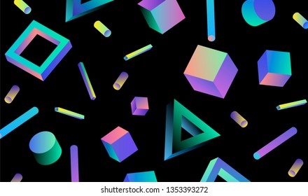 Neo memphis/ vaporwave abstract background. Neon 3d shapes on dark background - polygon, cube, prism, cylinder, cuboid, ect. Futuristic print for t-shirt, notebook, poster.