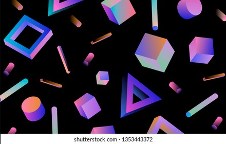 Neo memphis/ vaporwave abstract background. Neon 3d shapes on dark background - polygon, cube, prism, cylinder, cuboid, ect. Futuristic print for t-shirt, notebook, poster.