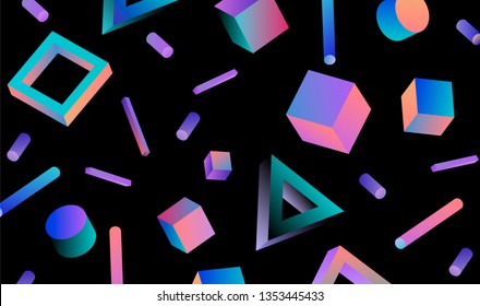 Neo memphis/ vaporwave abstract background. Neon 3d shapes on dark background - polygon, cube, prism, cylinder, cuboid, ect. Futuristic print for t-shirt, notebook, poster.