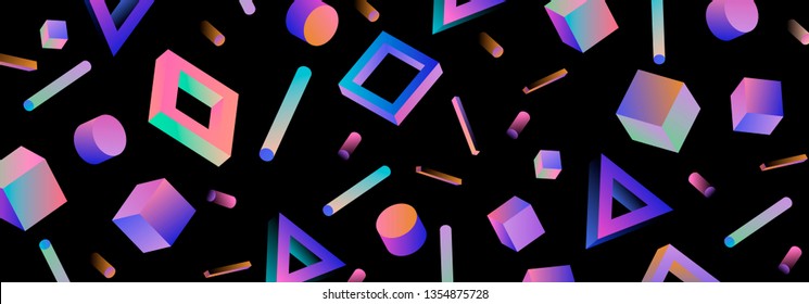 Neo memphis/ vaporwave abstract background. Neon 3d shapes on dark background - polygon, cube, prism, cylinder, cuboid, ect. Futuristic print for t-shirt, notebook, poster.