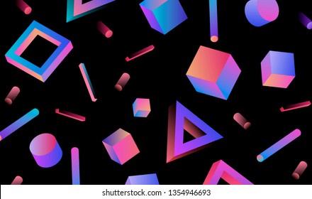 Neo memphis/ vaporwave abstract background. Neon 3d shapes on dark background - polygon, cube, prism, cylinder, cuboid, ect. Retrofuturistic print for t-shirt, notebook, poster, cover.