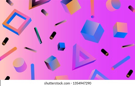 Neo memphis/ vaporwave abstract background. Neon 3d shapes - polygon, cube, prism, cylinder, cuboid, ect. Retrofuturistic print for t-shirt, notebook, poster, cover.