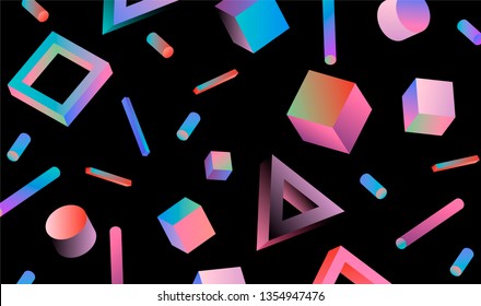 Neo memphis/ vaporwave abstract background. Neon 3d shapes - polygon, cube, prism, cylinder, cuboid, ect. Retrofuturistic print for t-shirt, notebook, poster, cover.