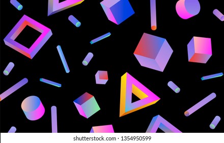 Neo memphis/ vaporwave abstract background. Neon 3d shapes - polygon, cube, prism, cylinder, cuboid, ect. Retrofuturistic print for t-shirt, notebook, poster, cover.