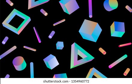 Neo memphis/ vaporwave abstract background. Neon 3d shapes - polygon, cube, prism, cylinder, cuboid, ect. Retrofuturistic print for t-shirt, notebook, poster, cover.
