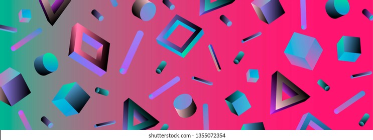 Neo memphis/ vaporwave abstract background. Neon 3d shapes - polygon, cube, prism, cylinder, cuboid, ect. Retrofuturistic print for t-shirt, notebook, poster, cover.